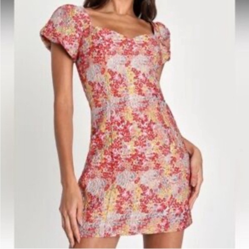 Lulus Blush Floral Jacquard Dress, puff short sleeve sweetheart neckline…